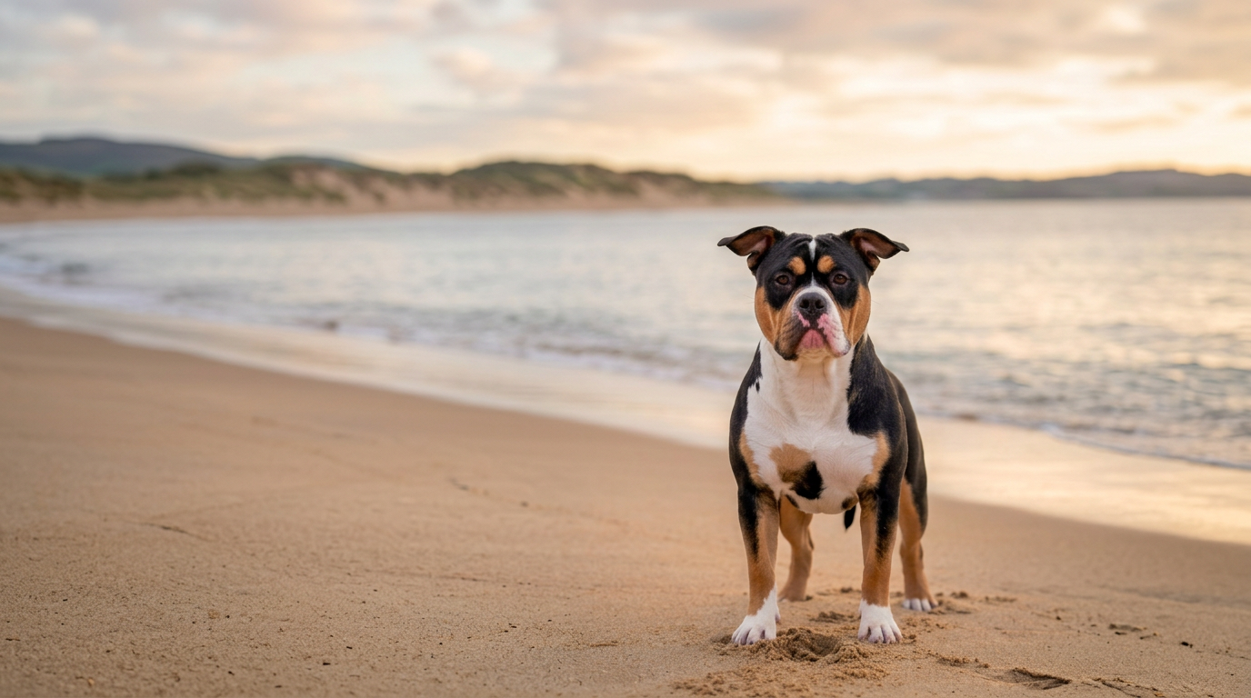 Gemma, American Bully of Bulldozer Kennel, on the beach near Alicante, Spain